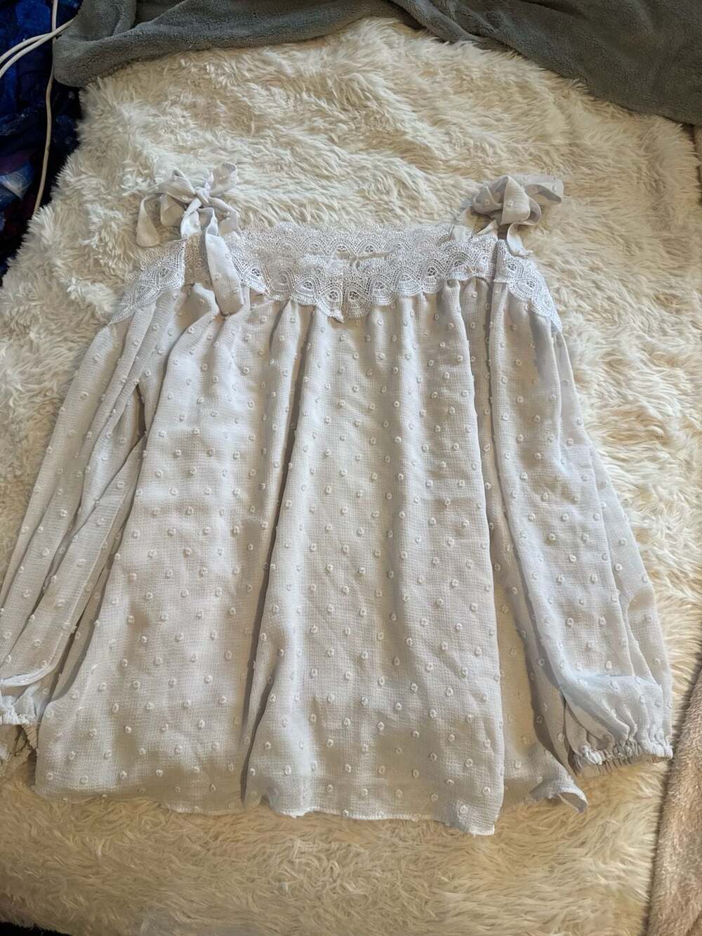 Cato Swiss Dot Blouse Size L White Long Sleeve Lace Trim